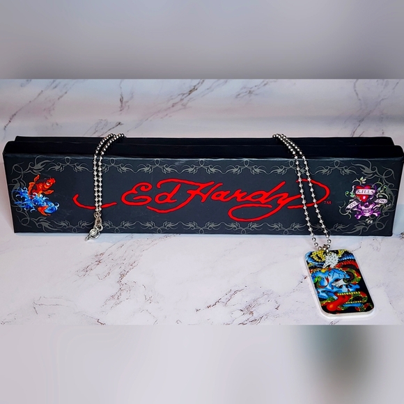 Ed Hardy Eagle & Skull Rhinestone Dog Tag Necklace - Picture 1 of 8